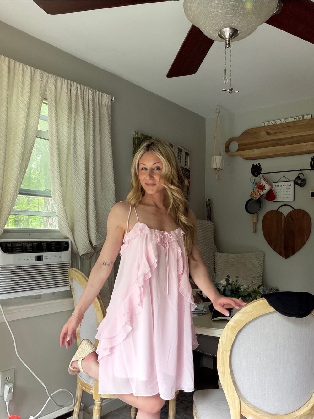 Light Pink Ruffle-Trim Mini Dress with Spaghetti Straps